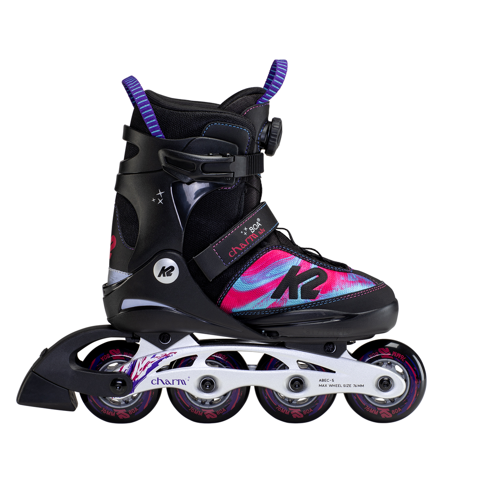 A side view of the K2 Charm Boa junior inline skate.
